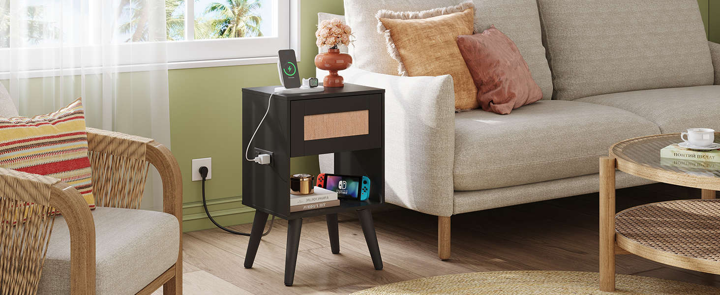 Amazon.com: WLIVE Black Rattan Night Stand with Charger Station